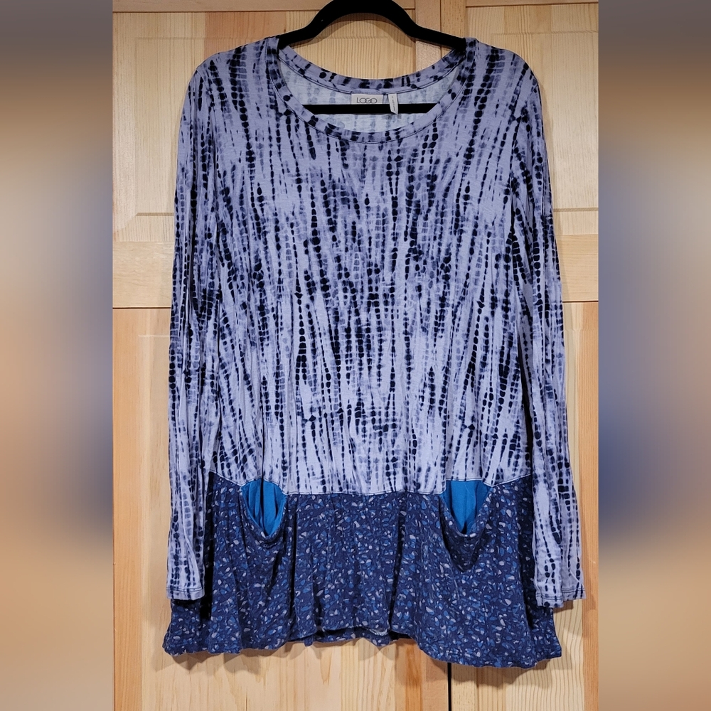 LOGO Lori Goldstein Blue Multiprint Top Size L